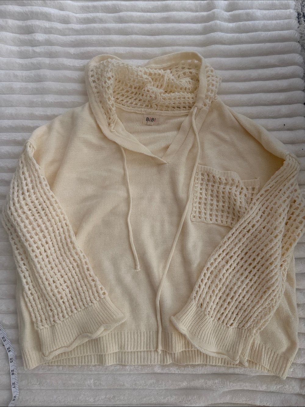 BiBi Cream Open-Knit Hoodie with Pocket